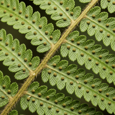 Detailed macro image of the fronds and leaflets of a Sphaeropteris cooperi, focusing on texture, venation, and sori (spore cases) if visible