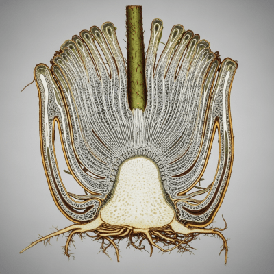 Cross-sectional illustration or photograph of a Sphaeropteris cooperi, showing internal structure such as rhizome, roots, and vascular bundles