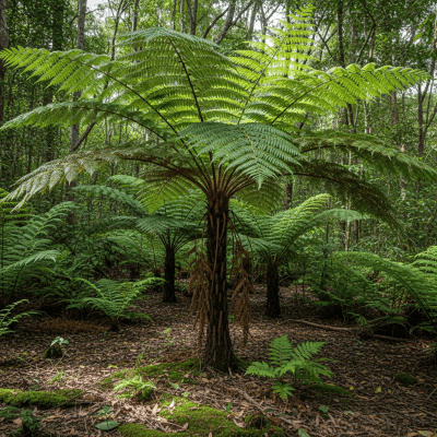 Photograph of a Sphaeropteris cooperi, of the taxonomy ferns, shown growing in its natural environment, such as a forest understory or shaded woodland