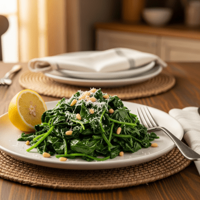 Photograph of a prepared dish or serving featuring the Spinach, as commonly used in cuisine within the taxonomy vegetables