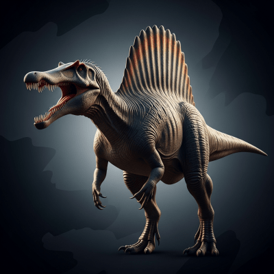 Editorial-style heroic portrait of a single Spinosaurus from the taxonomy dinosaurs.