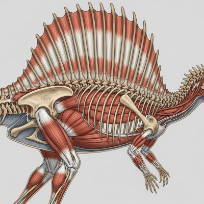 Detailed anatomical cross-section illustration of a Spinosaurus