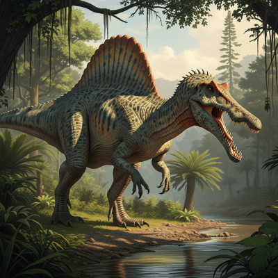 Realistic depiction of a Spinosaurus in its prehistoric natural environment