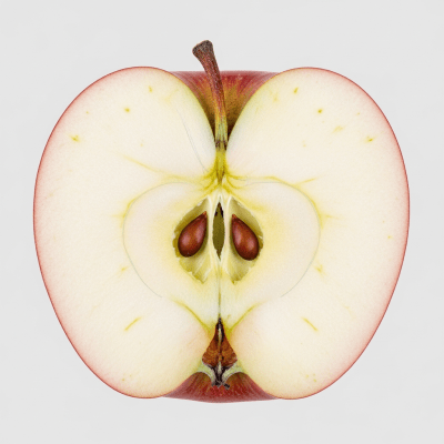 A close-up image showing a cross-section of a Spitzenburg (Esopus) of the taxonomy apples, sliced cleanly in half to reveal internal structure, seeds, and flesh