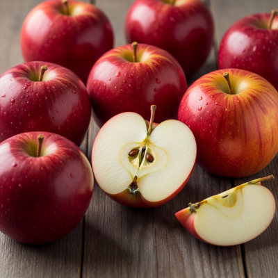 A simple arrangement showing several whole and one cut-open Spitzenburg (Esopus), displayed on a wooden surface