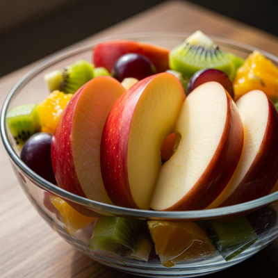 A photograph of a freshly sliced Spitzenburg (Esopus) of the taxonomy apples, presented as part of a fruit salad in a clear bowl