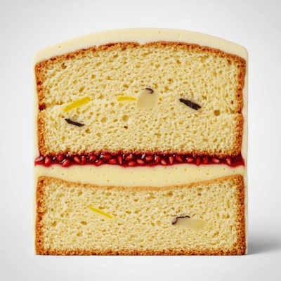 Detailed cross-sectional view of a sliced Sponge Cake (cake), showing internal layers, textures, and ingredients