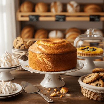 A realistic image of a whole Sponge Cake (cake) displayed on a classic dessert table in a home or bakery setting