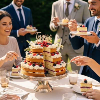 A scene showing the Sponge Cake (cake) being served or enjoyed at a festive occasion, such as a birthday party or wedding