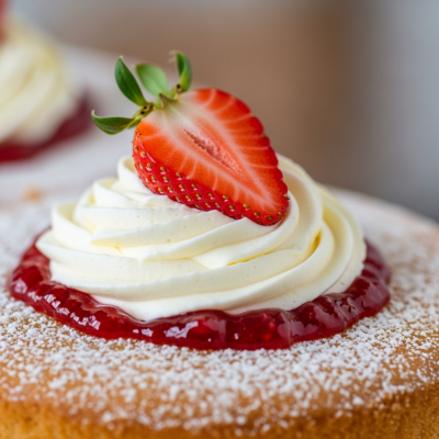Close-up macro photograph of the surface texture and decoration of a Sponge Cake (cake)