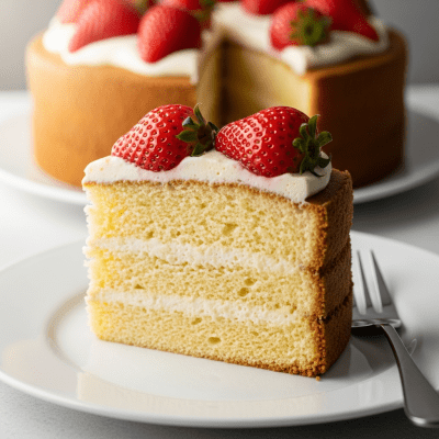 An image of a single slice of Sponge Cake, from the cake taxonomy, isolated on a plate with simple cutlery