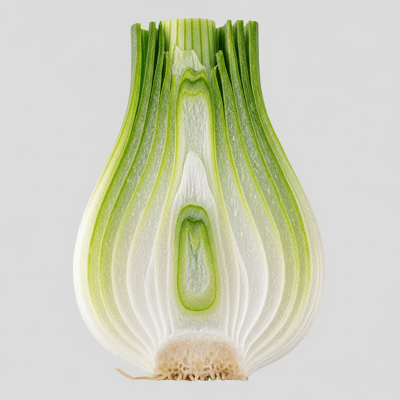 A detailed cross-sectional image of a Spring onion (onions) cut in half to reveal its internal layers and structure