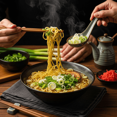 A cultural representation of a Spring onion (onions) featured in a traditional dish or meal setting