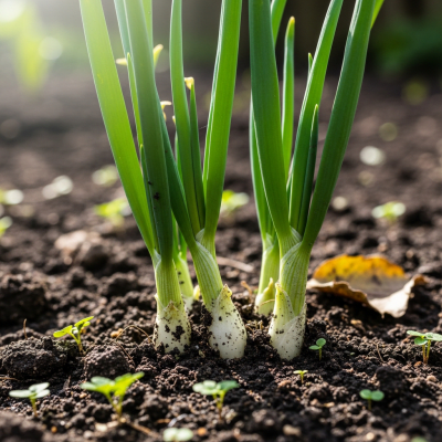 A photograph of a Spring onion (onions) in its natural environment or growing in soil