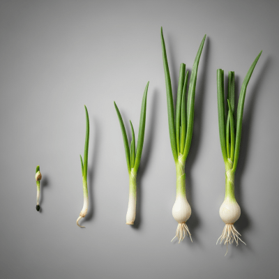 An image showing multiple stages of growth for a single type of Spring onion (onions), from seedling to mature bulb