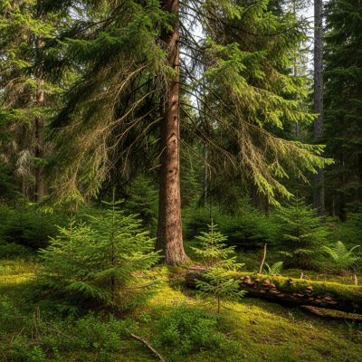 A realistic depiction of a mature Spruce (trees) in its typical natural environment