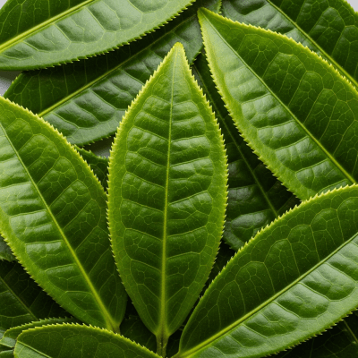 Macro photograph focusing on the texture and details of Sri Lankan Green Tea leaves, within the taxonomy teas