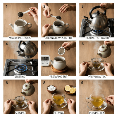 Step-by-step visual depiction showing the preparation process for Sri Lankan Green Tea, within the taxonomy teas