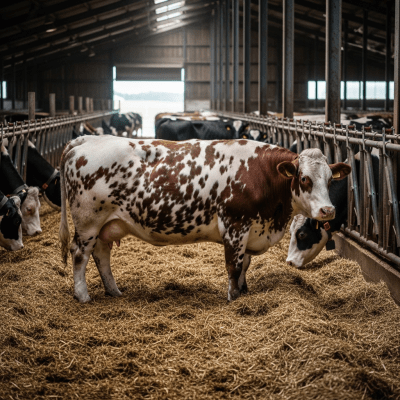 Documentary-style image of a Stabilizer (Stabicross) in a barn or shelter environment, showing typical housing conditions for cows