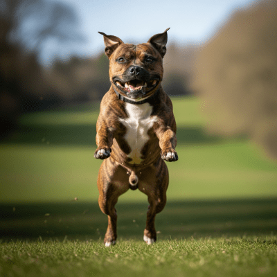 Full body action shot of a Staffordshire Bull Terrier