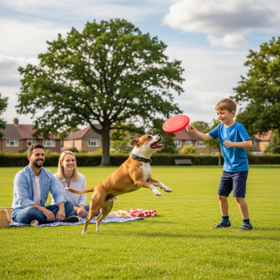 Image of a Staffordshire Bull Terrier interacting with humans in a typical cultural or domestic setting