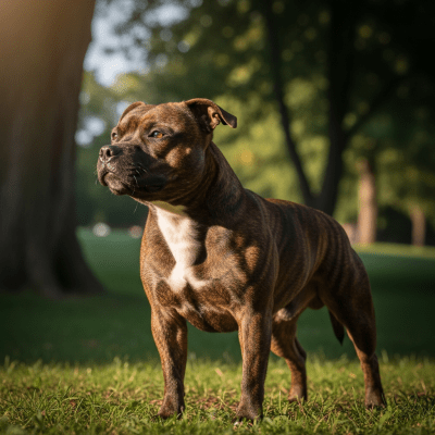 Naturalistic outdoor image of a Staffordshire Bull Terrier
