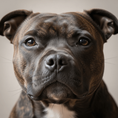Close-up photograph of the face of a Staffordshire Bull Terrier