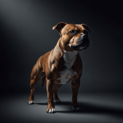 Editorial-style portrait of a Staffordshire Bull Terrier from the taxonomy dogs.