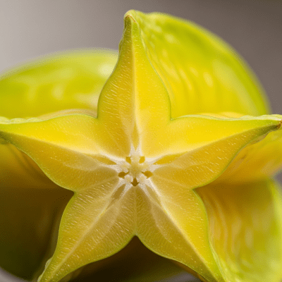 Macro shot capturing the surface texture and color details of the Starfruit, within the fruits taxonomy