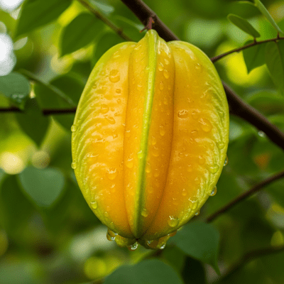 A photograph of a fresh Starfruit from the fruits taxonomy as it appears in its natural growing environment, such as on a tree, bush, or vine