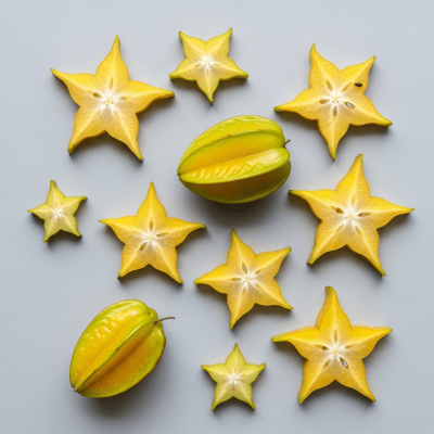 An overhead view photograph of several pieces of the Starfruit, from the fruits taxonomy, arranged aesthetically on a plain background