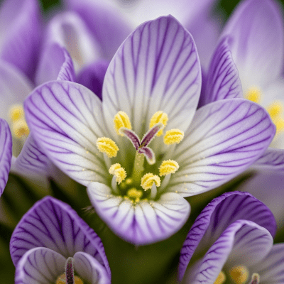 Detailed macro image of a Statice (flowers), focusing on the intricate structure of petals, stamens, and pistil