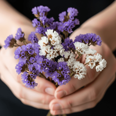 Photograph of a Statice (flowers) being held or interacted with by a person in a gentle way