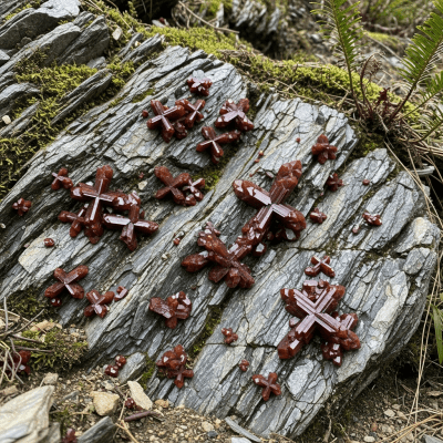 Naturalistic scene featuring Staurolite in its typical geological environment, as categorized by minerals