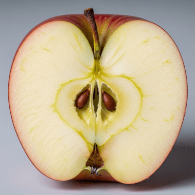 A close-up image showing a cross-section of a Stayman of the taxonomy apples, sliced cleanly in half to reveal internal structure, seeds, and flesh