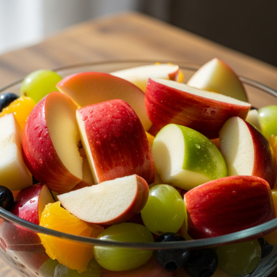 A photograph of a freshly sliced Stayman of the taxonomy apples, presented as part of a fruit salad in a clear bowl