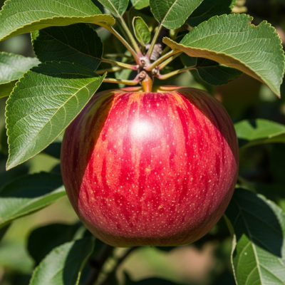 A naturalistic photograph of a Stayman, hanging on its tree branch with leaves visible