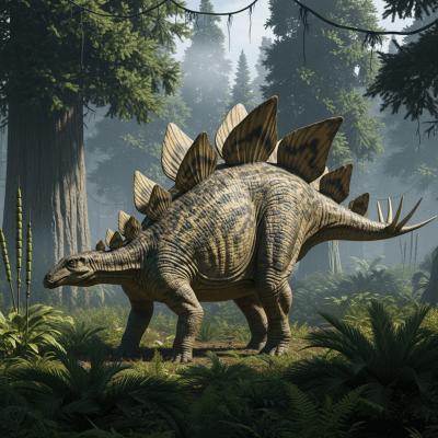 Realistic depiction of a Stegosaurus in its prehistoric natural environment