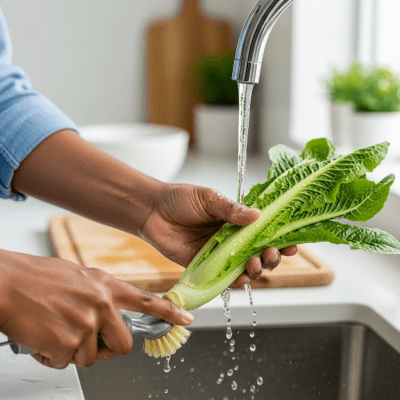 Photograph of a diverse pair of hands preparing or serving Stem Lettuce in a kitchen setting