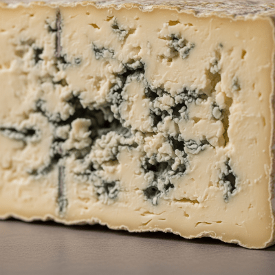 Close-up cross-sectional view of a Stilton, showing its internal texture and structure