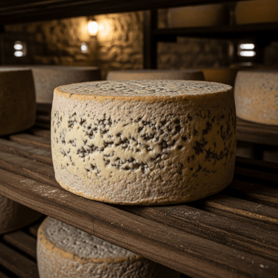 A whole wheel or block of Stilton, shown in an artisanal cellar or aging environment typical for this cheese