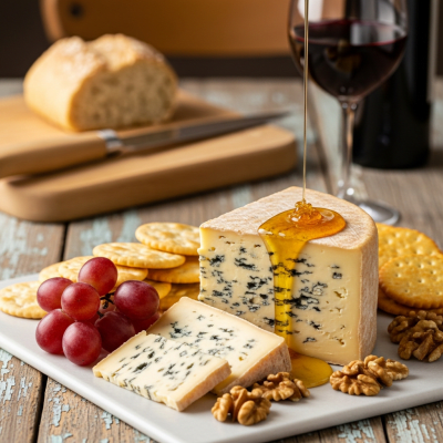 A piece of Stilton being used in a classic culinary preparation or dish where it is commonly featured