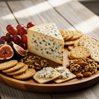 A serving of Stilton arranged as part of a traditional cheese platter with fruits, nuts, and crackers