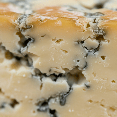 A close-up macro photograph of the rind and surface texture of a Stilton