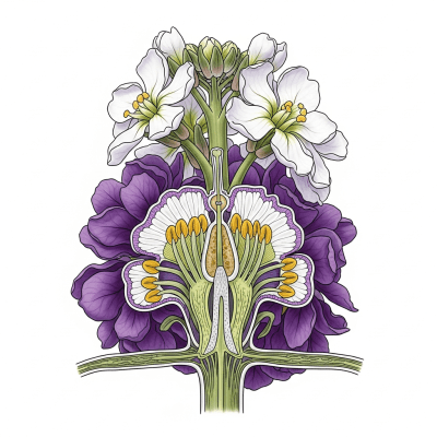 Cross-sectional illustration of a Stock (flowers), showing internal parts such as stem, petals, and reproductive organs