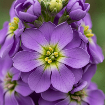 Detailed macro image of a Stock (flowers), focusing on the intricate structure of petals, stamens, and pistil