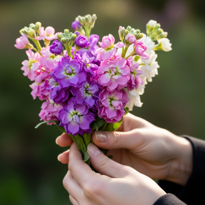 Photograph of a Stock (flowers) being held or interacted with by a person in a gentle way