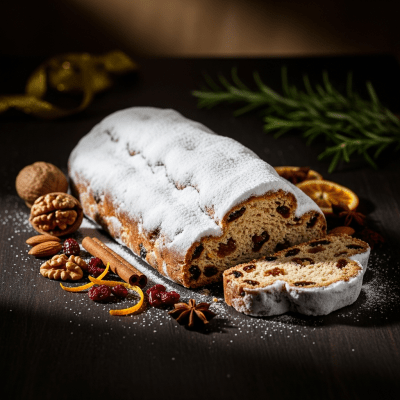 Editorial-style hero shot of a beautifully presented Stollen, from the cake taxonomy.