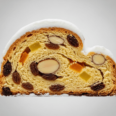 Detailed cross-sectional view of a sliced Stollen (cake), showing internal layers, textures, and ingredients
