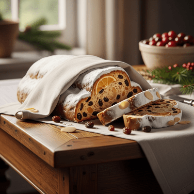 A realistic image of a whole Stollen (cake) displayed on a classic dessert table in a home or bakery setting